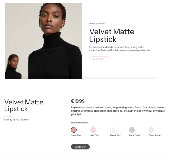 Lipstick product page with virtual try-on and shade-selection interface